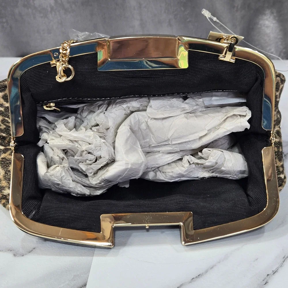 NWT Talbots Leopard Print Metallic Silk Blend Clutch Bag Gold Chain Cocktail